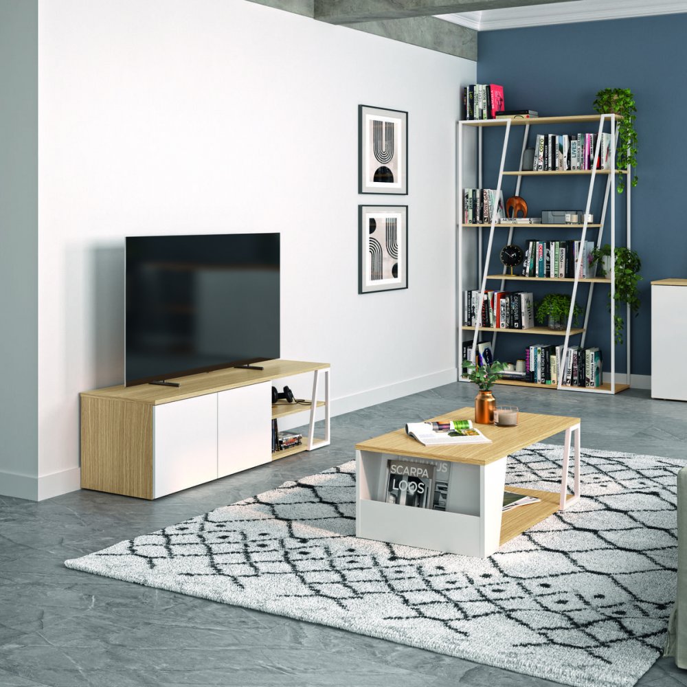 Meuble TV design ALBI finition structure chêne façade blanc mat